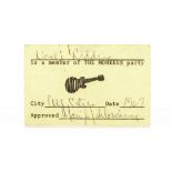 Jimi Hendrix Experience / Noel Redding: Noel's original pass for the Monkees Summer 1967 Tour,