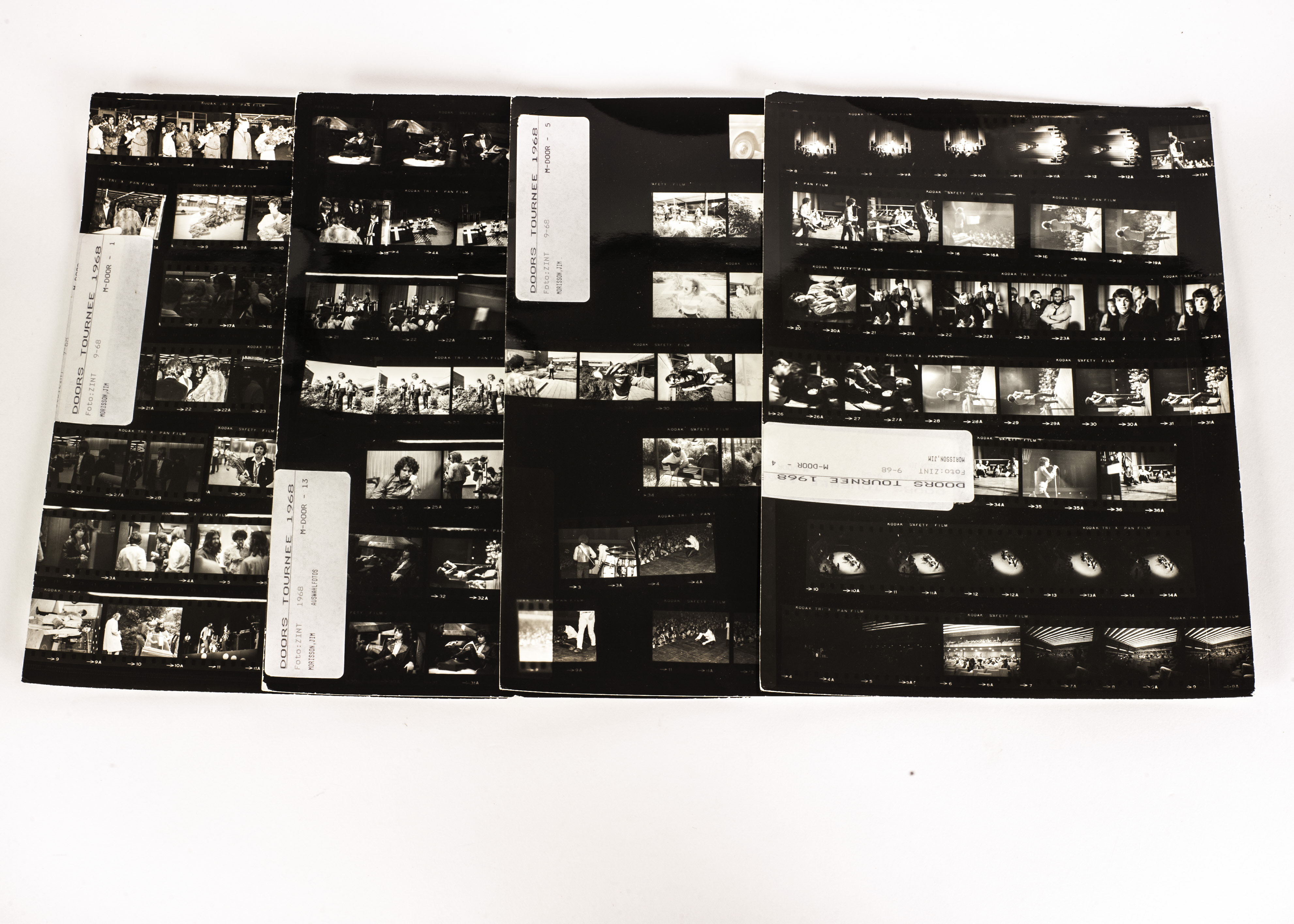 The Doors:  four silver print contact sheets of the band on tour Germany 1968,  images show the band