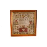 A 19th century needlework sampler, having the hymn 'There is a Green Hill Far Away' to centre,