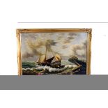 T.Slowsky, oil on canvas, maritime scene of boats struggling in a storm near a pier, approx 75cm