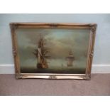 Harrison, oil on board, maritime scene of large sailing ships going into battle, approx 90cm by