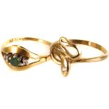 An 18ct gold, emerald and diamond dress ring, together with a 14k marked serpent dress ring set with