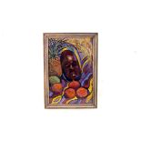 An African painting of a head amongst fruit, in vibrate colours, circa 1950s, signed to bottom