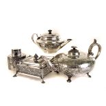 A collection of silver and silver plated items, to include a large teapot, a flask, a cut glass bowl