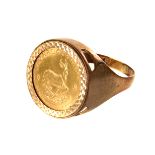 A 1982 1/10 Kruggerand gold coin ring, presented in 9ct gold marked mount, approx 6.3g