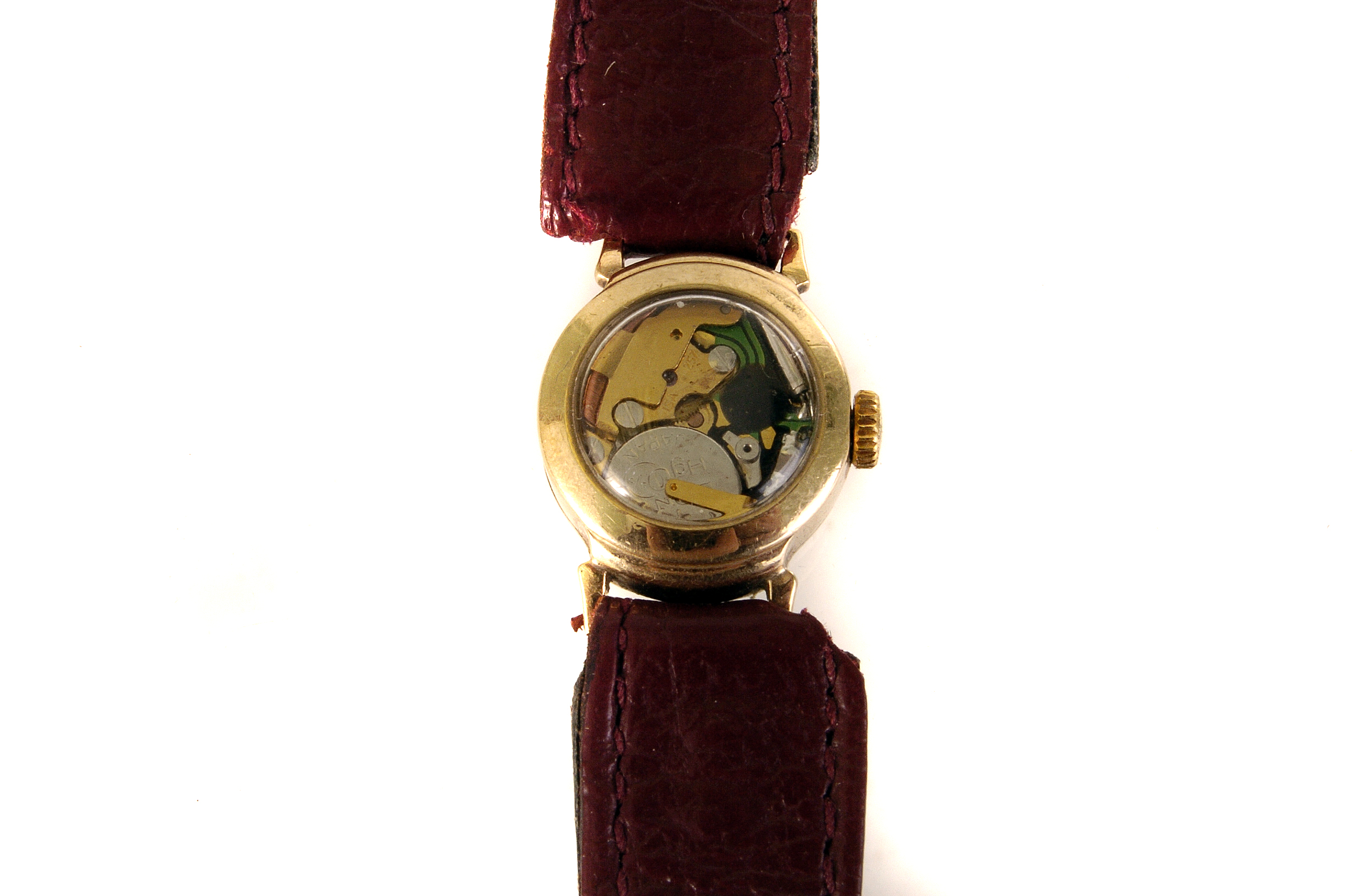 A 9ct gold lady's wristwatch, missing dial, with perpetual movement, on maroon leather strap