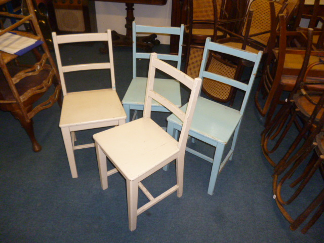 A set of four painted pine school chair, in blue and white (4)