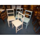A set of four painted pine school chair, in blue and white (4)
