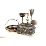 A small collection of silver plated items, comprising candlesticks, goblets, lighters and more (