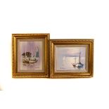 A group of four modern acrylic paintings, two small of fishing boats, a large beach scene and a