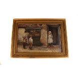 An oil on canvas of a village shop scene, signed and dated B.W Lund 1920 to lower left, approx