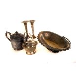 A group of silver plated items, comprising a tea pot, a pair of trumpet vases, a dish, toast rake,