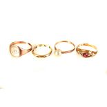 Four 9ct gold rings, one with simulated pearl, the others with gem set design, all AF, approx 9g