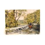 Frances Fry, watercolour, depicting a horse rider fording a river, together with two other framed