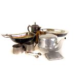 A collection of silver plate and piquet ware items, including candelabras, tea and coffee pot,