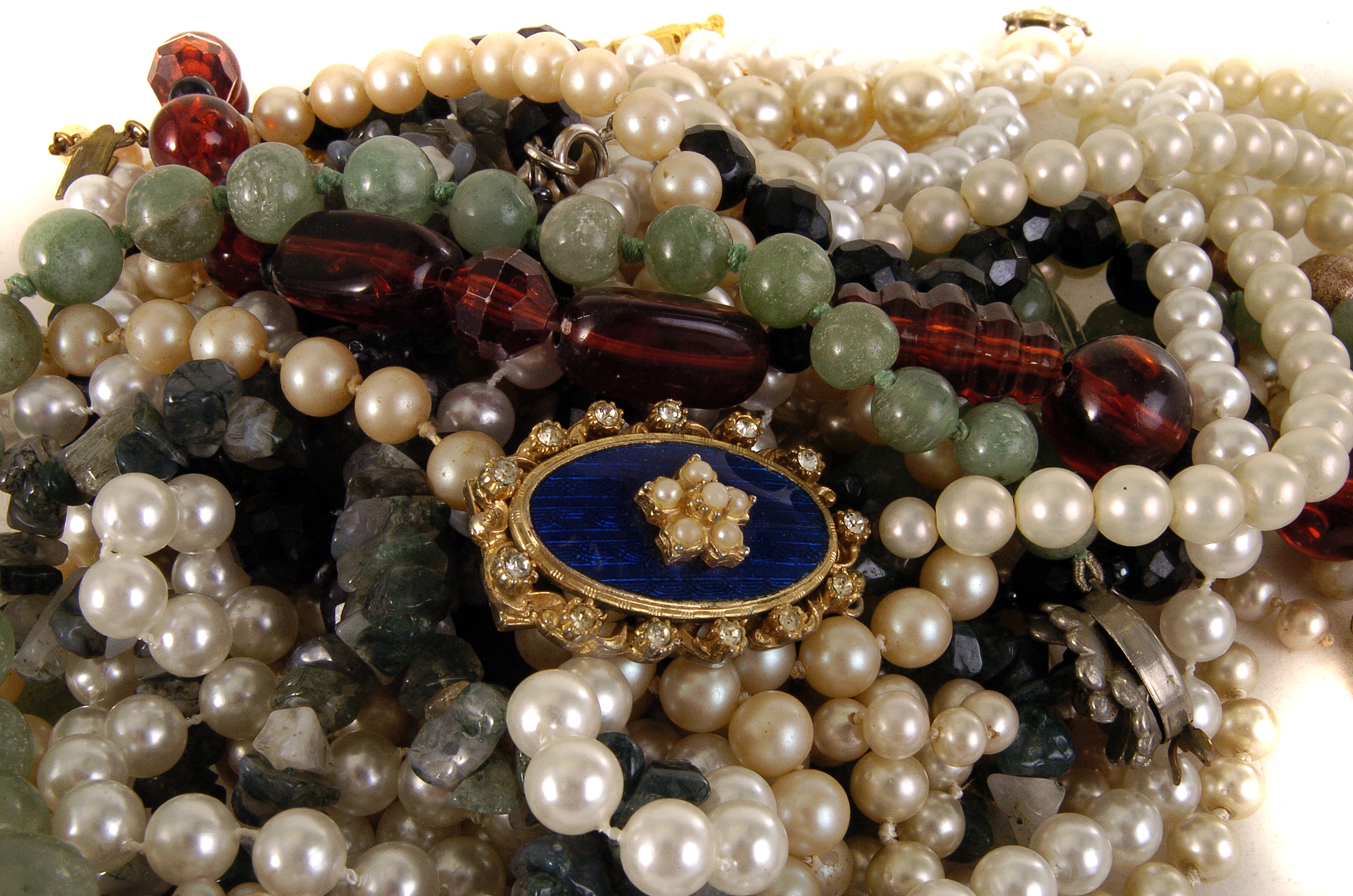 A selection of various costume jewellery, comprising mainly bead necklaces, including hardstone