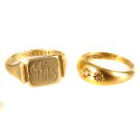 An 18ct gold three stone chip diamond ring, together with a gents 18ct gold signet ring, sizes O1/