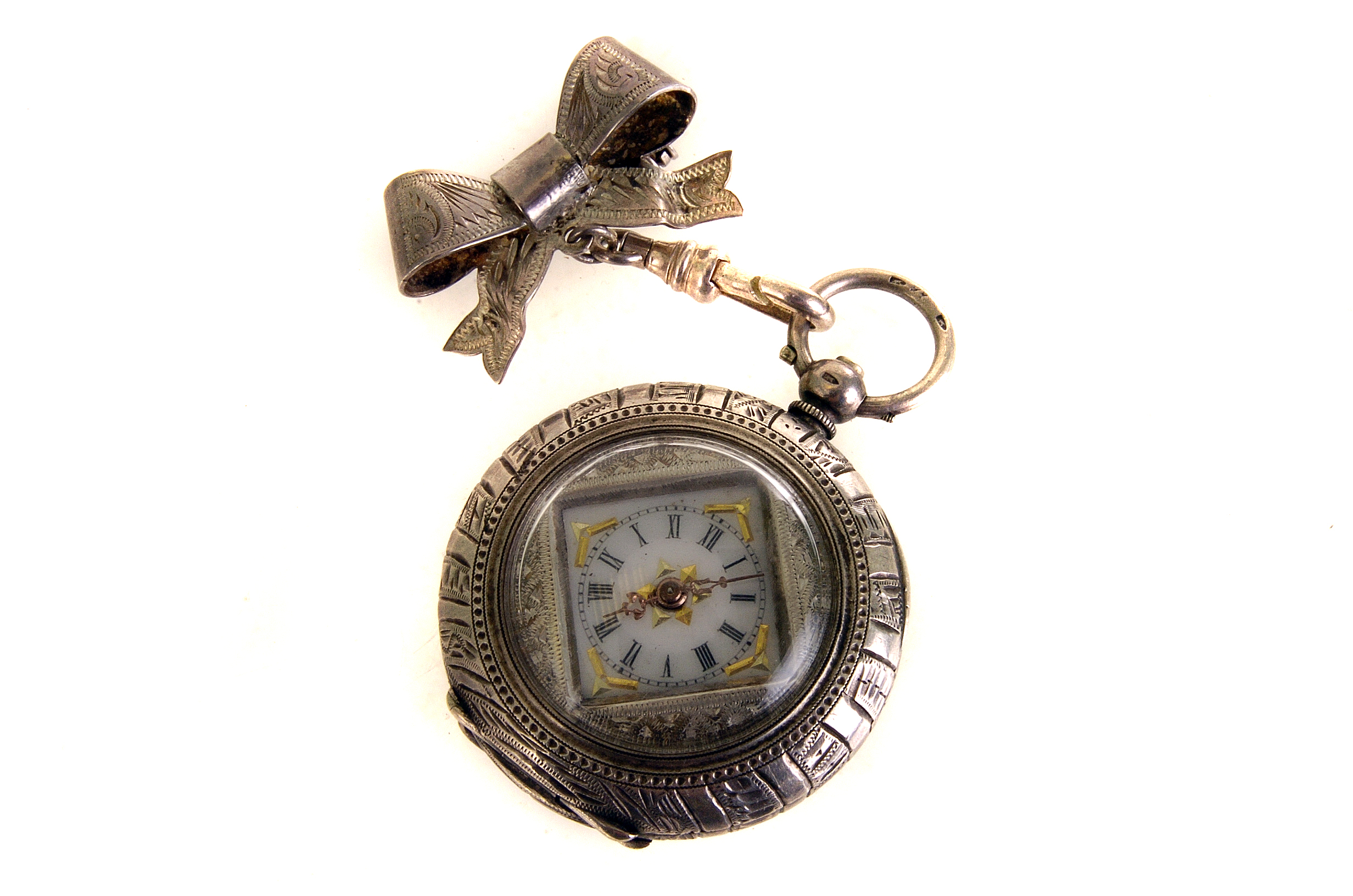 A continental silver open faced fob watch, having square face with circular dial, yellow metal