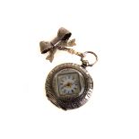 A continental silver open faced fob watch, having square face with circular dial, yellow metal