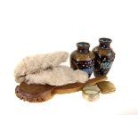 A selection of works of art, to include a pair of fur mittens, a pair of clossonie vases, AF, an