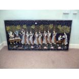 A large modern Indian silk painting, c1950s, depicting an evening ceremony, approx 172cm by 83cm,