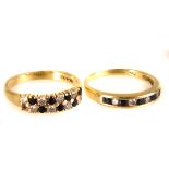 Two 18ct gold and gem set half hoop eternity rings, one with a single row of channel set blue and