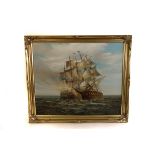 P.Davis, oil on canvas, maritime scene of two ships in close combat, signed lower right, approx 59cm