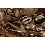 A selection of silver and silver plated flatware, comprising many spoons, forks and knives, together