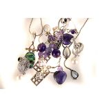 Six items of jewellery, including a pair of amethyst drop pendant earrings, a silver and mop