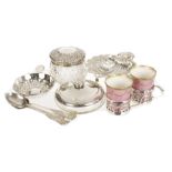 A collection of silver items, including a tastevin, two dressing table jars, a pair of Aynsley