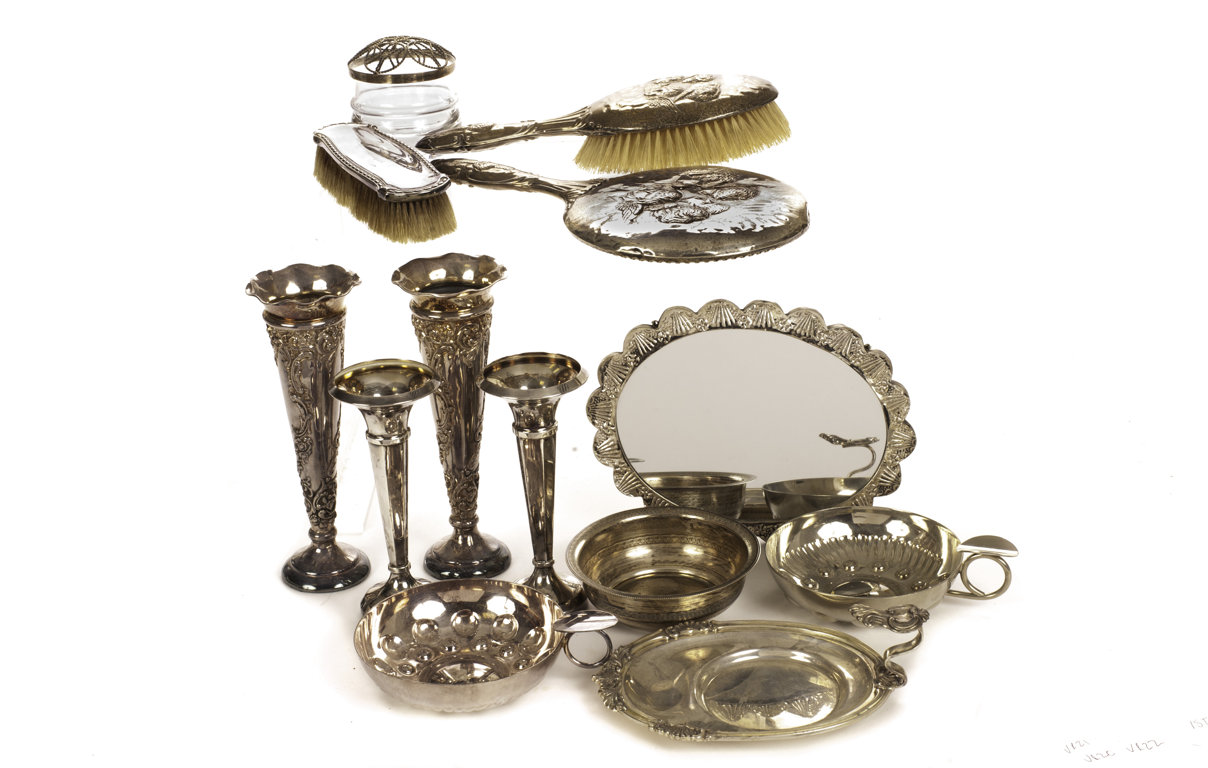 A collection of silver and silver plated items, including two pairs of silver filled trumpet