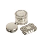 Three small silver items, including an interesting small French circular box marked “Gage de
