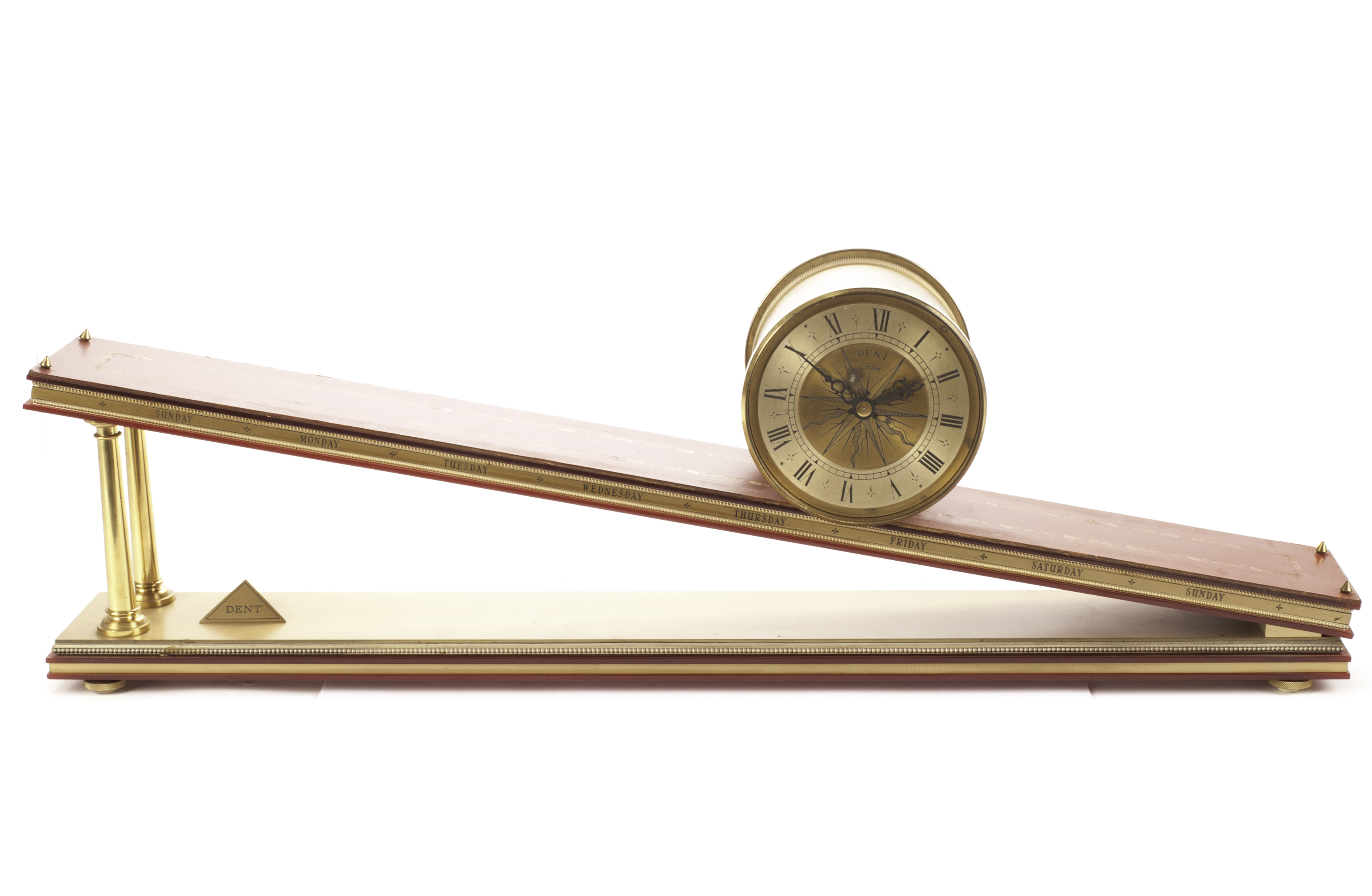 A Dent of London incline gravity clock, the compass engraved brass barrel with roman numerals, wound