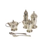 Assorted silver pepperettes, plus a pedestal mustard pot, and three spoons (parcel)