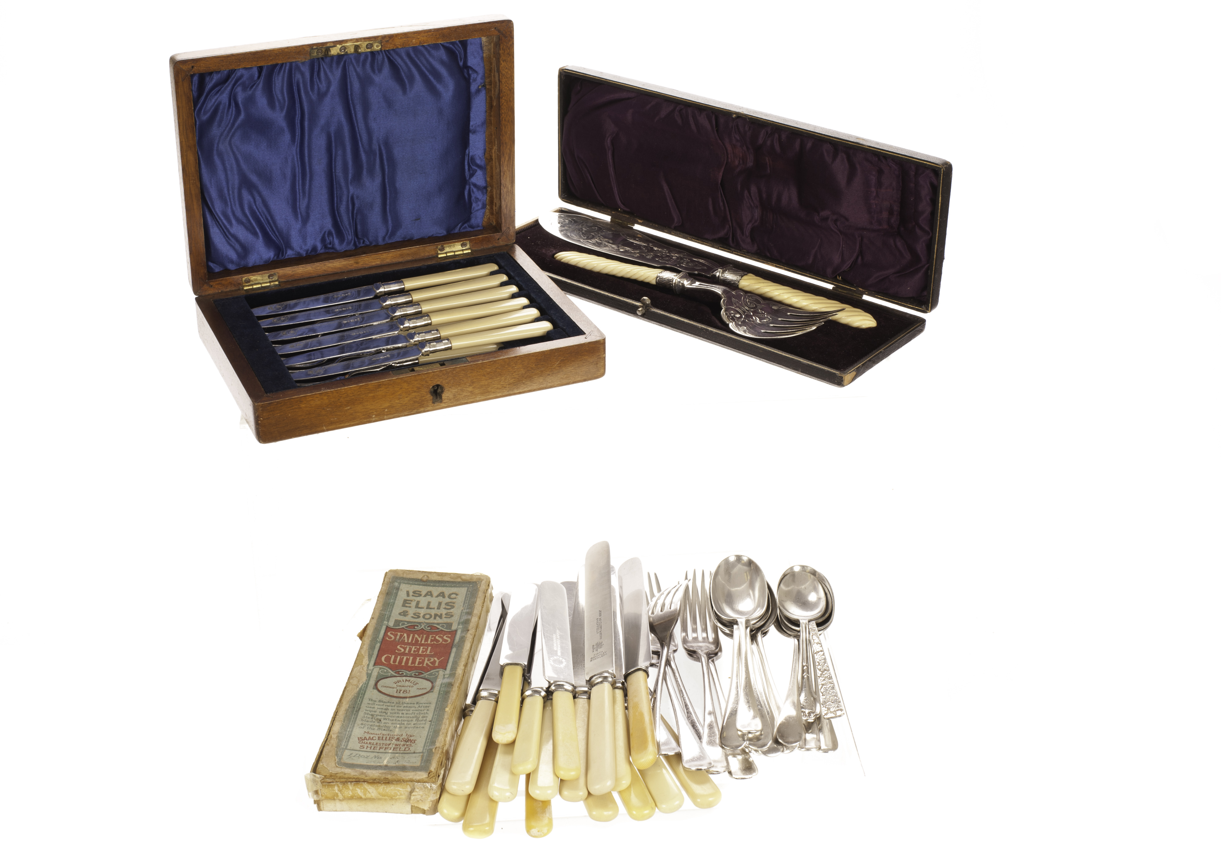 A collection of silver plated items, to include a pair of Victorian carved ivory handled fish