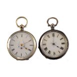 Two late 19th century Swiss silver cylinder pocket watches, both with decorated dial, Roman