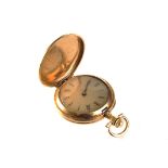 A early 20th century gold full hunter fob watch, possibly for Russian market, the silvered dial