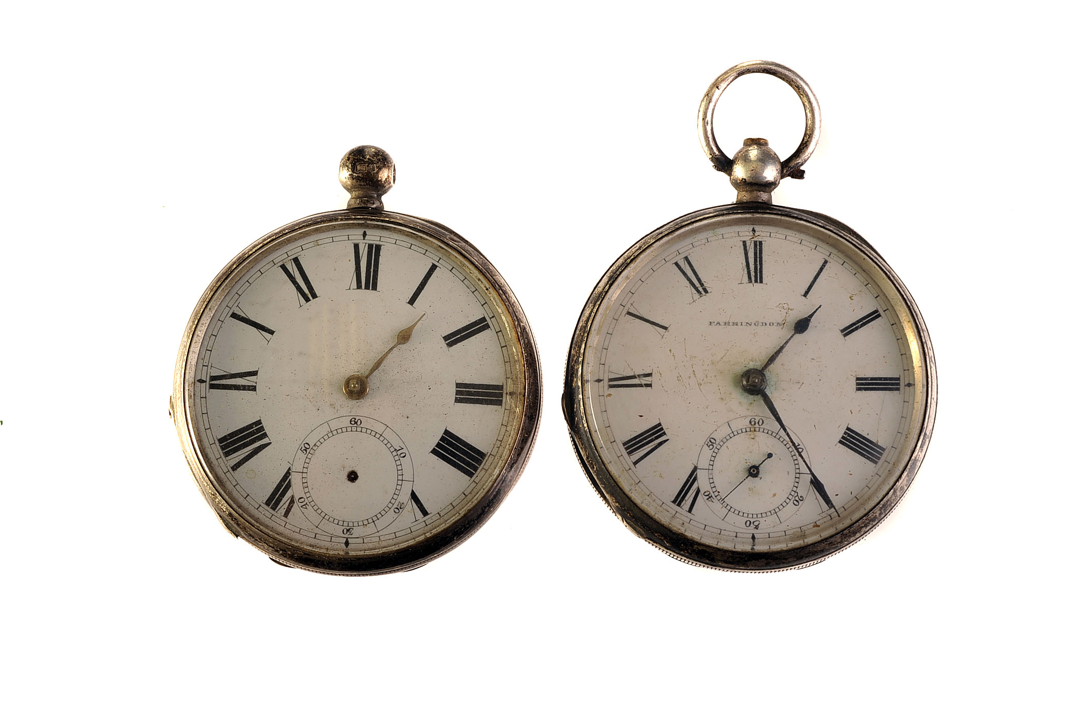 Two late Victorian silver Waltham open faced pocket watches, each with white enamel dial, black