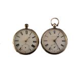 Two late Victorian silver Waltham open faced pocket watches, each with white enamel dial, black