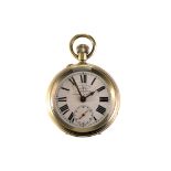 An early 20th century Swiss nickel open faced pin pallet pocket watch, the white enamel dial