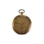 An Art Deco rolled gold open faced pocket watch, the gilt chequered dial with applied gilt Arabic