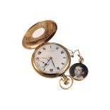 A George V 9ct gold half hunter pocket watch, the white enamel dial with black Roman numerals and