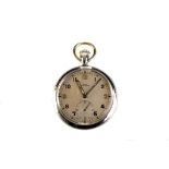 A WWII Recta military issue chrome plated open faced pocket watch, the white dial signed, with