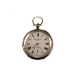A late 19th century Swiss silver open faced pocket watch, the white enamel dial signed John