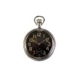 A 1940s Waltham Military Issue chrome plated pocket watch, the black dial with luminous Arabic