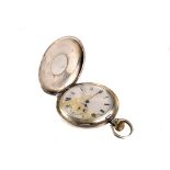 A George V silver half hunter pocket watch, the white enamel dial with black Roman numerals, spade