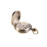 A Swiss silver coloured pocket watch, the white enamel dial with black Roman numerals, outer seconds