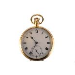 A 1920s 9ct gold open faced pocket watch, the white enamel dial with black Roman numerals, blued