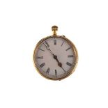 A Swiss 18ct gold open faced fob watch, the white enamel dial with black Roman numerals, later