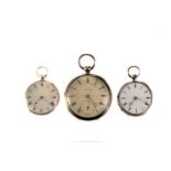 Three 19th century silver open faced pocket watches, each with white enamel dial and black Roman